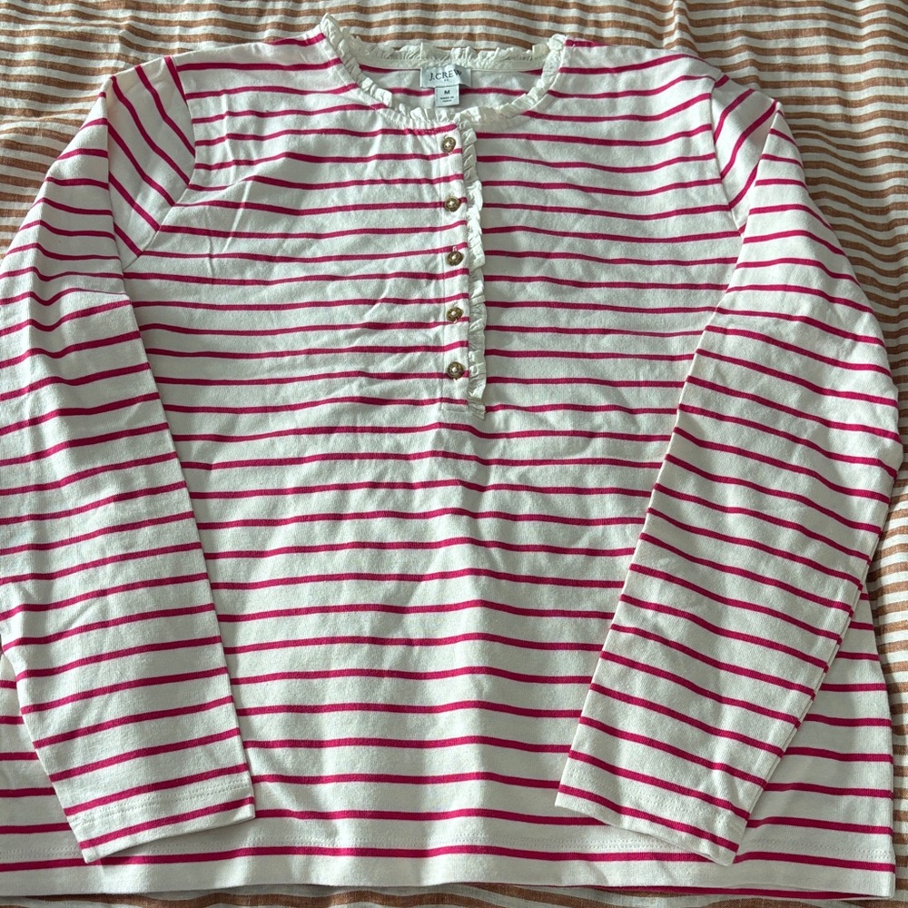 J.Crew Pink & White Striped Henley. Cute Ruffle Neck Detail!